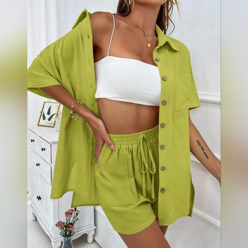 Women's Button Short Sleeve Shirt Shorts Set Summer Outfit Tracksuit Plus Size